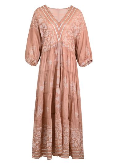 V-Neck Loose Maxi Dress With Dhaka Print & Silver Trim