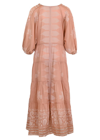 V-Neck Loose Maxi Dress With Dhaka Print & Silver Trim