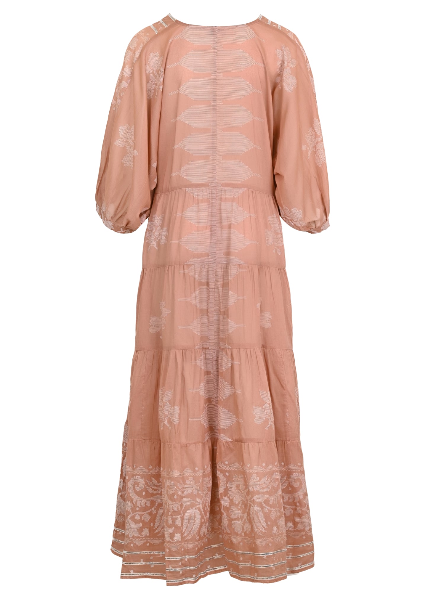 Load image into Gallery viewer, V-Neck Loose Maxi Dress With Dhaka Print &amp;amp; Silver Trim
