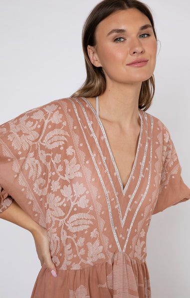 V-Neck Loose Maxi Dress With Dhaka Print & Silver Trim - Dress