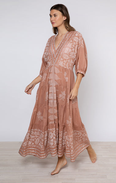 V-Neck Loose Maxi Dress With Dhaka Print & Silver Trim - Dress