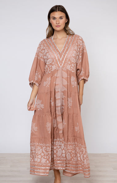 V-Neck Loose Maxi Dress With Dhaka Print & Silver Trim - Dress
