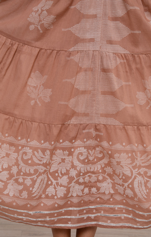 Load image into Gallery viewer, V-Neck Loose Maxi Dress With Dhaka Print &amp;amp; Silver Trim - Dress
