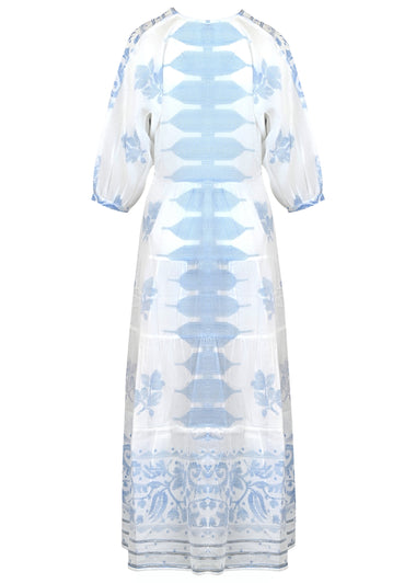 V-Neck Loose Maxi Dress In Dhaka Print White/Electric Blue