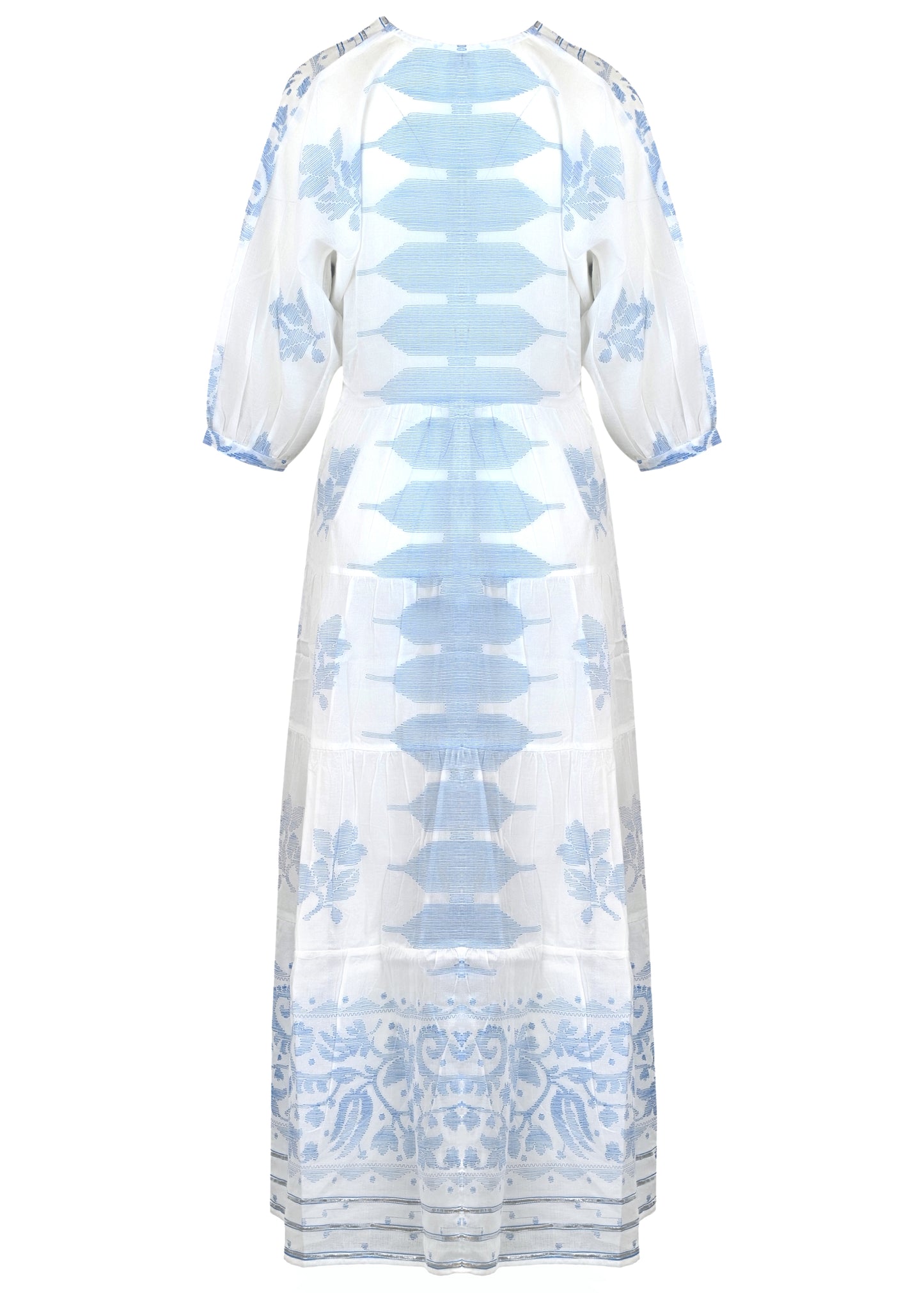 Load image into Gallery viewer, V-Neck Loose Maxi Dress In Dhaka Print White/Electric Blue
