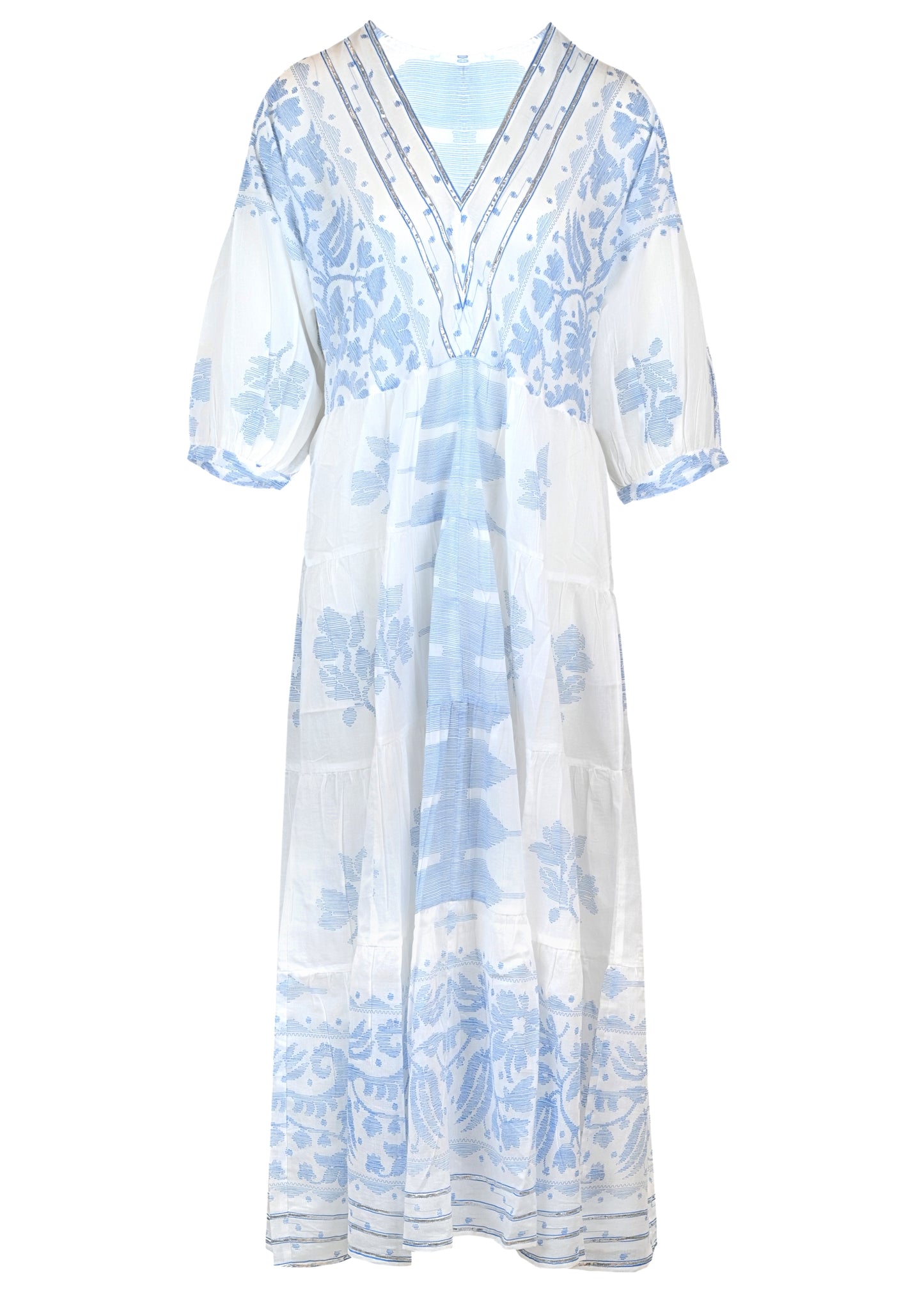 Load image into Gallery viewer, V-Neck Loose Maxi Dress In Dhaka Print White/Electric Blue
