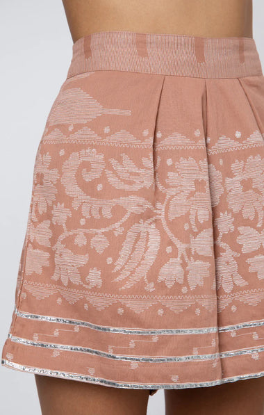 Wide Hem Shorts With Dhaka Print & Silver Trim Pecan & White - Shorts