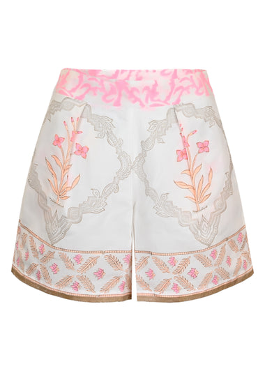 Wide Hem Shorts In Cage Block Print White/Pink Grapefruit
