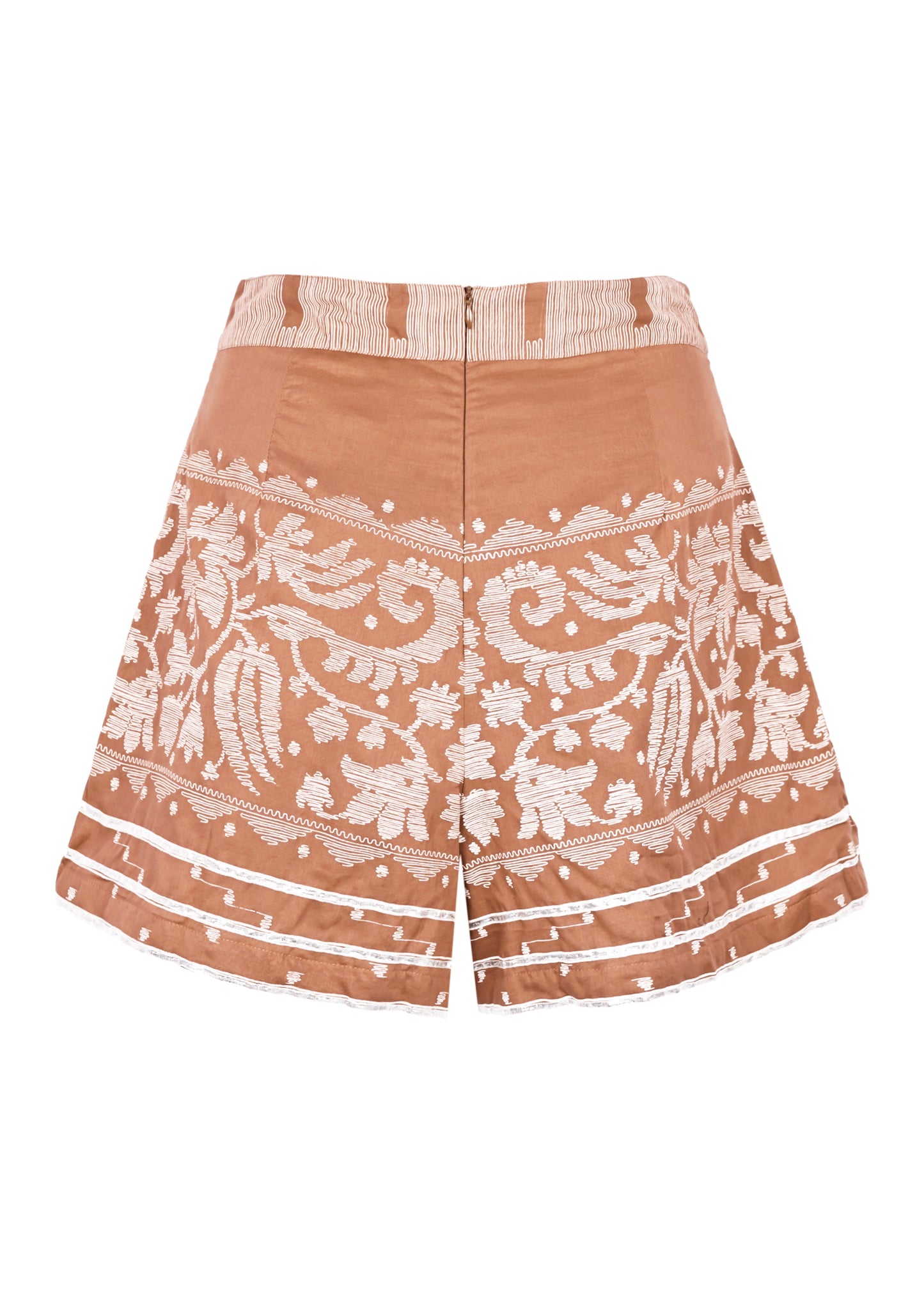Load image into Gallery viewer, Wide Hem Shorts With Dhaka Print &amp;amp; Silver Trim Pecan &amp;amp; White
