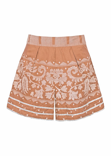 Wide Hem Shorts With Dhaka Print & Silver Trim Pecan & White