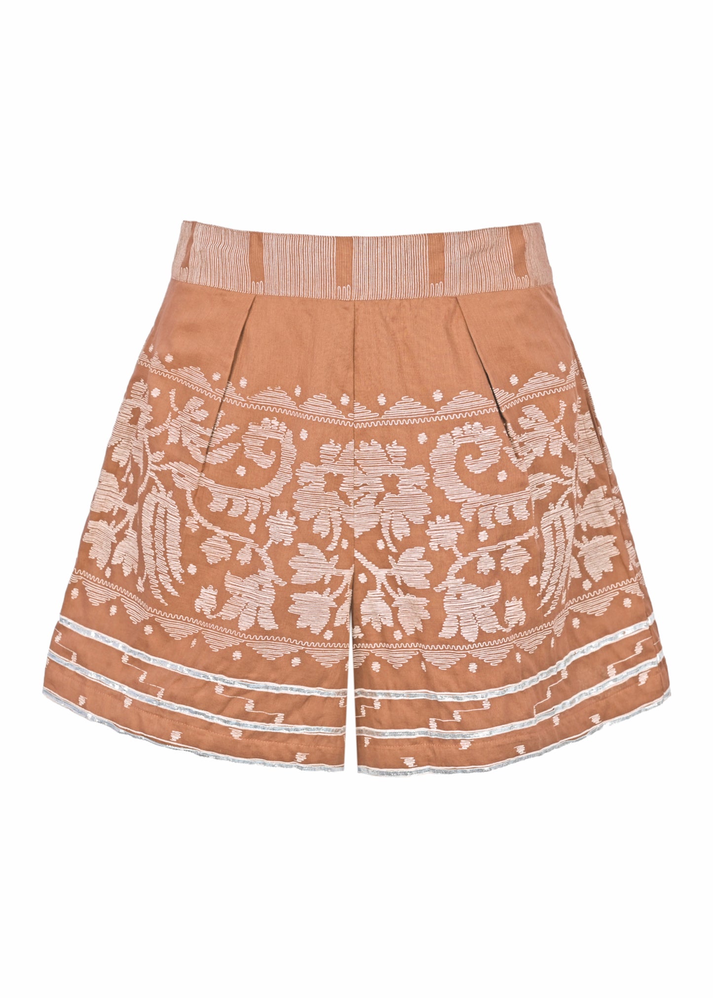 Load image into Gallery viewer, Wide Hem Shorts With Dhaka Print &amp;amp; Silver Trim Pecan &amp;amp; White
