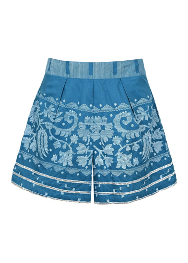 Wide Hem Shorts With Dhaka Print & Silver Trim Petrol & White