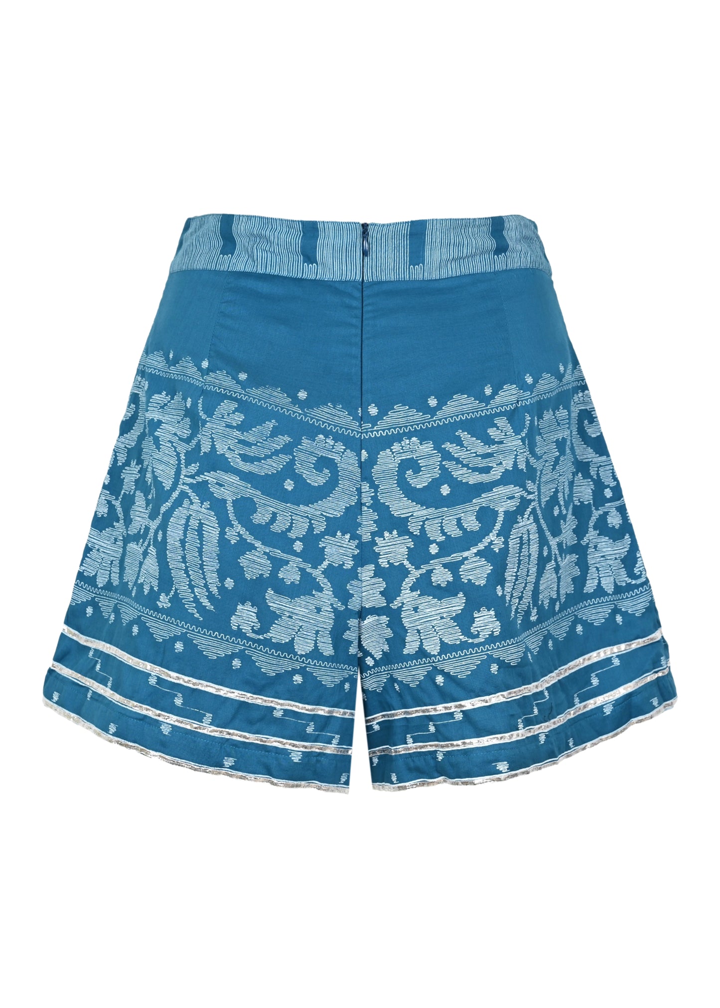 Load image into Gallery viewer, Wide Hem Shorts With Dhaka Print &amp;amp; Silver Trim Petrol &amp;amp; White
