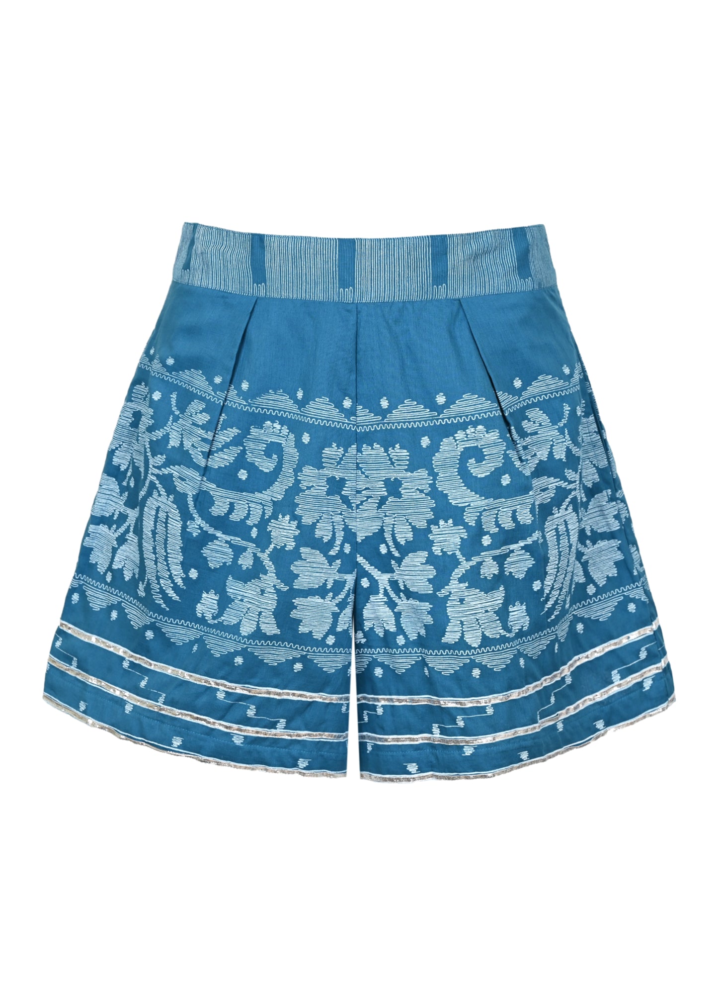 Load image into Gallery viewer, Wide Hem Shorts With Dhaka Print &amp;amp; Silver Trim Petrol &amp;amp; White
