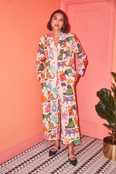 Christmas Jumper Cats Classic Long Sleeve Set Cream - Pajama