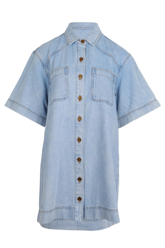Load image into Gallery viewer, Avery Denim Mini Dress Dusty Blue
