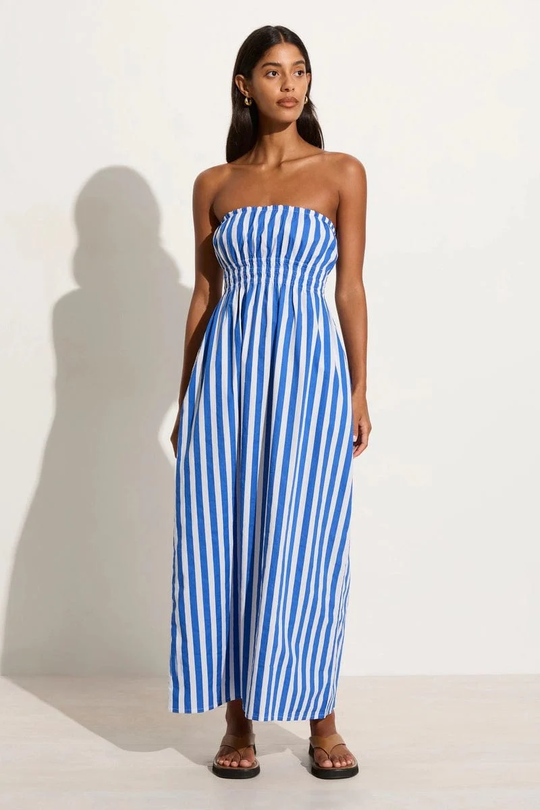 le bon midi dress Faithfull The Brand Le Bon Cotton Midi Dress In Bayou Stripe-sage