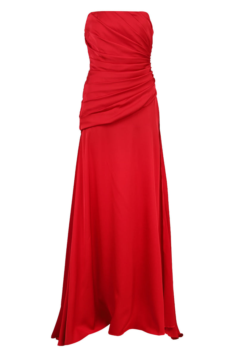 Draped Satin Bustier Dress Red