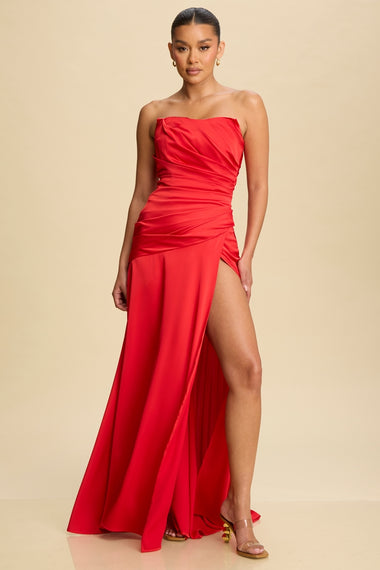 Draped Satin Bustier Dress Red