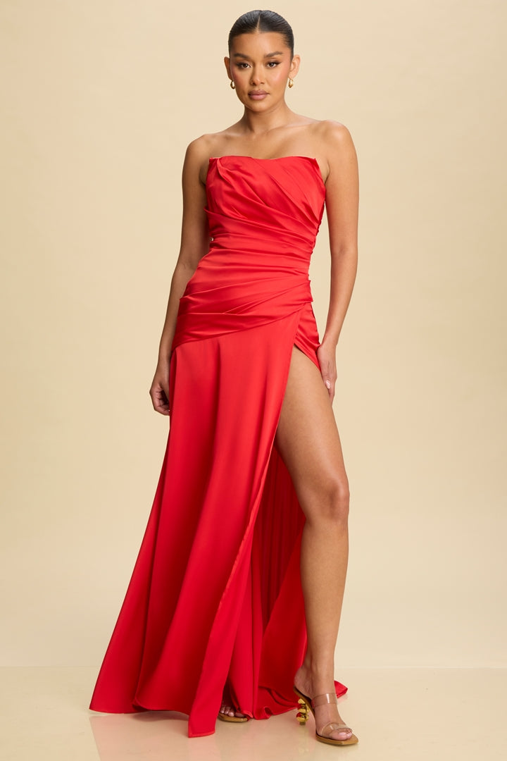 Load image into Gallery viewer, Draped Satin Bustier Dress Red
