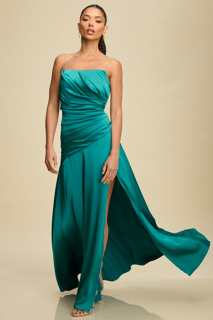 Load image into Gallery viewer, Draped Satin Bustier Dress Teal
