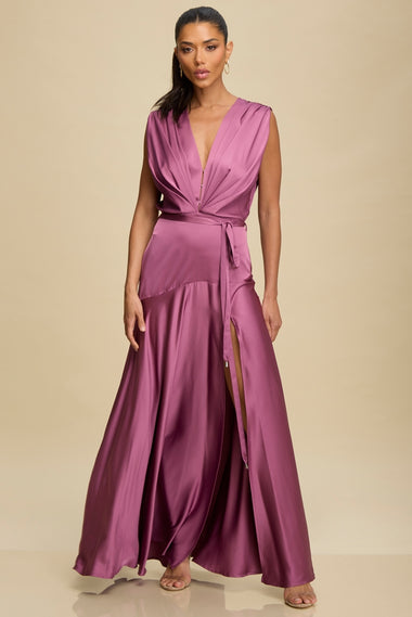 Satin Pleated Gown Dusty Orchid