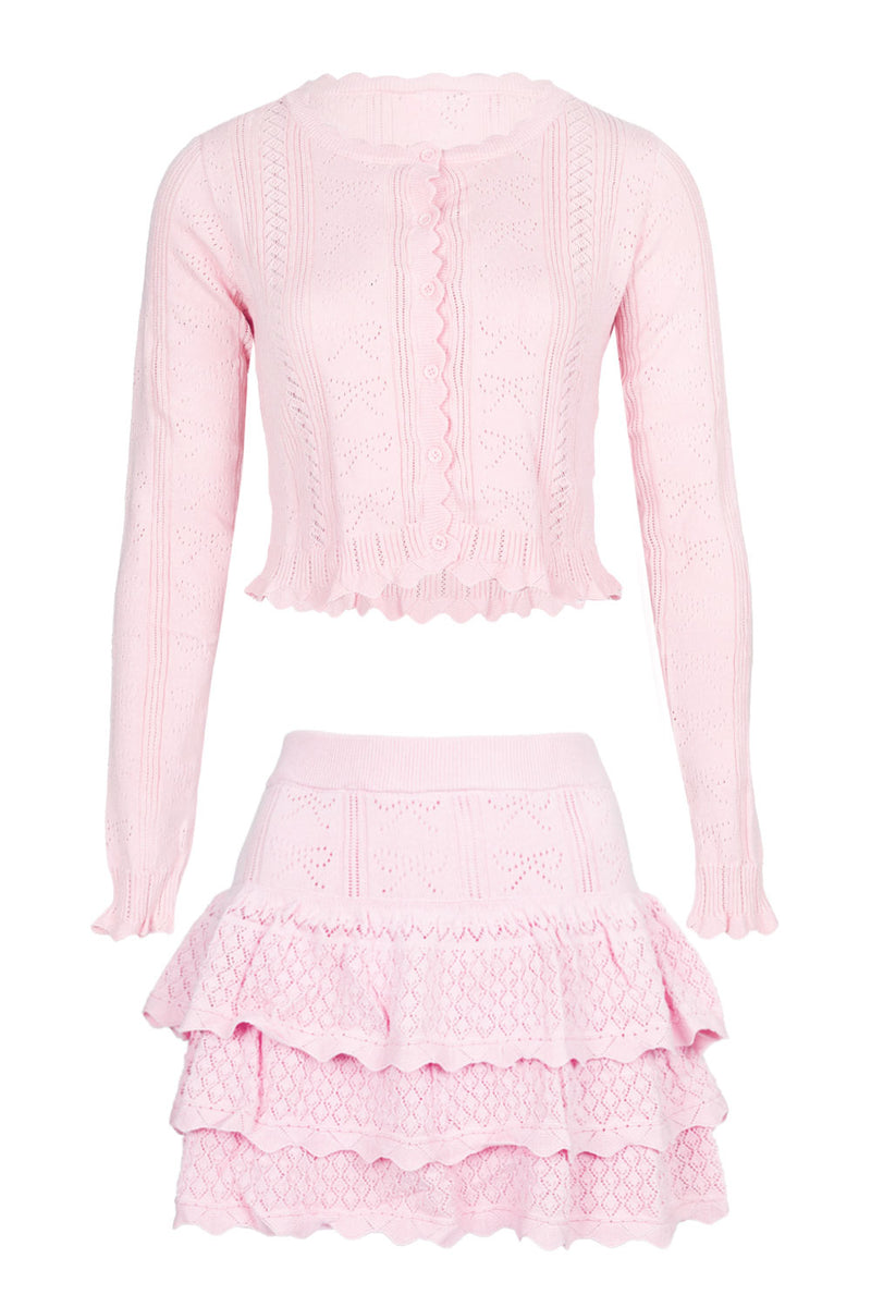 Bow Pointelle Cardigan and Skirt Set Light Pink