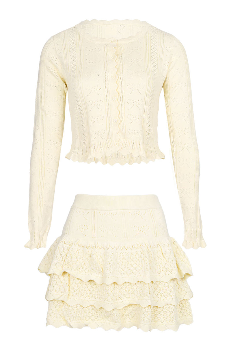 Bow Pointelle Cardigan and Skirt Set Lemon