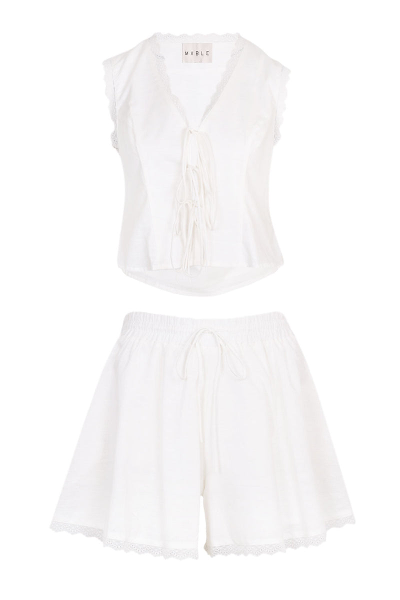 Bow Tied Blouse and Lace Trim Shorts Set Off White