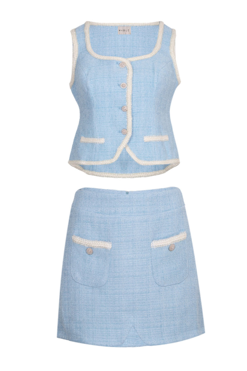 Braided Edge Detail Tweed Vest and Shorts Set Blue
