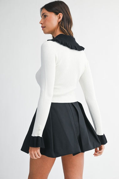 Clare Contrast Collar Ribbed Knit Top Off White