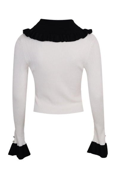 Clare Contrast Collar Ribbed Knit Top Off White