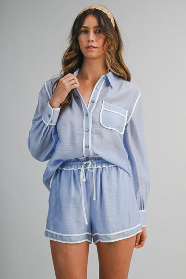 Contrast DetaiL Shirt and Short Set Blue