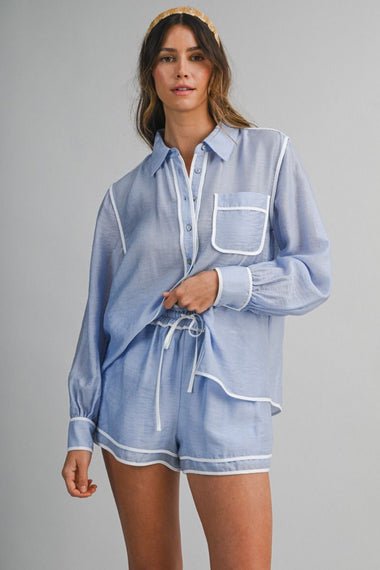Contrast DetaiL Shirt and Short Set Blue