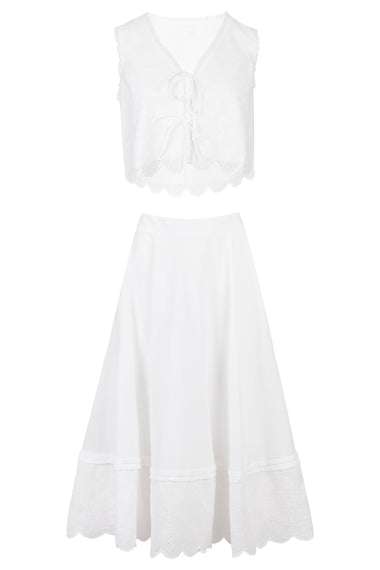 Crop Top Scalloped and Skirt Set Off White