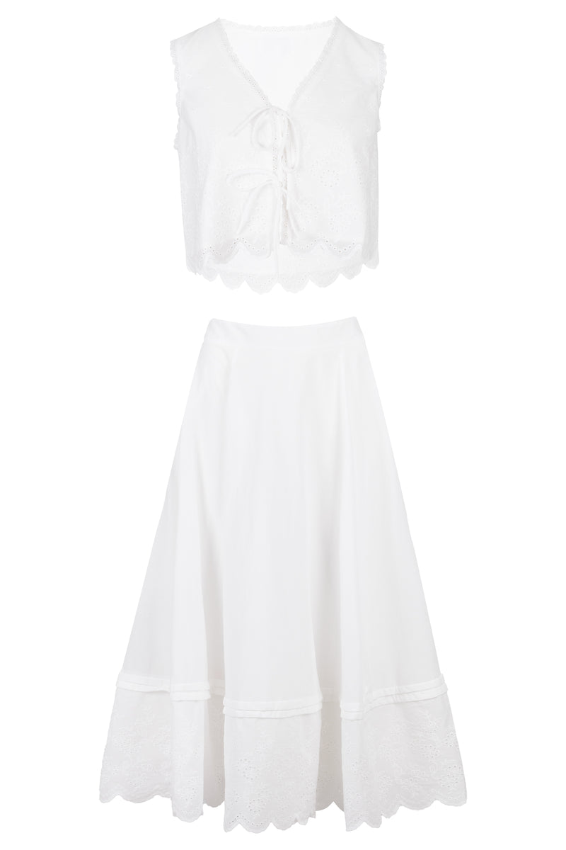 Crop Top Scalloped and Skirt Set Off White