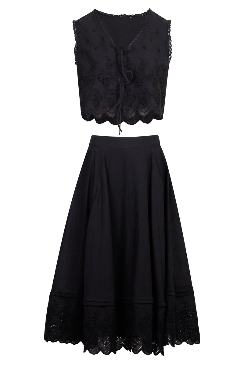 Crop Top Scalloped and Skirt Set Black
