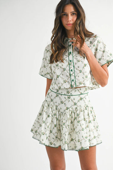 Dafne Short Sleeve Shirt and Skirt Set Green