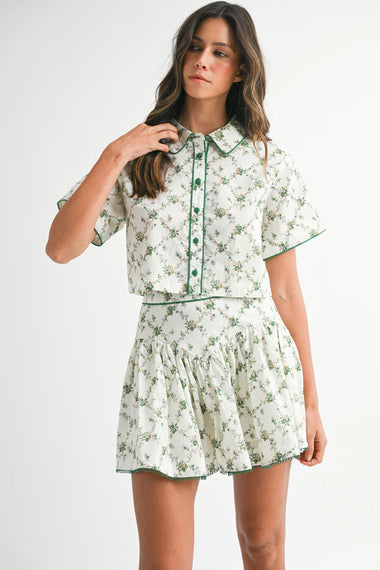 Dafne Short Sleeve Shirt and Skirt Set Green