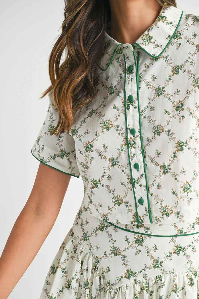 Load image into Gallery viewer, Dafne Short Sleeve Shirt and Skirt Set Green
