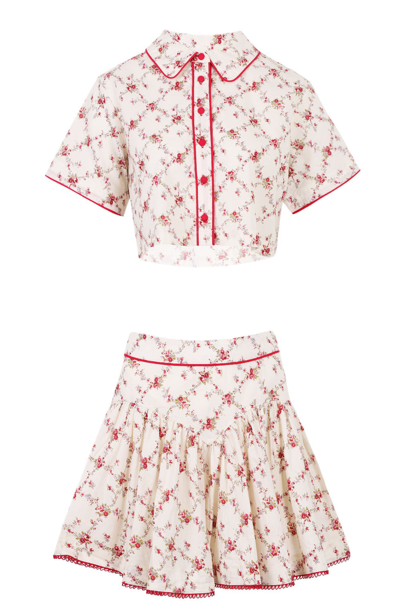 Dafne Short Sleeve Shirt and Skirt Set Red