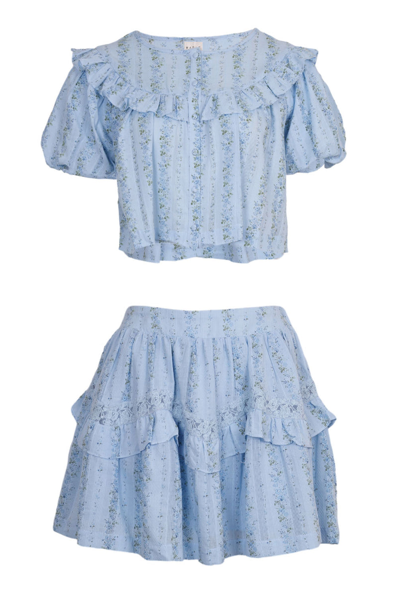Dionne Lace Ruffle Top and Mini Skirt Set Blue