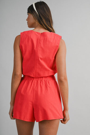Elastic Waist Wrap Romper Tomato Red
