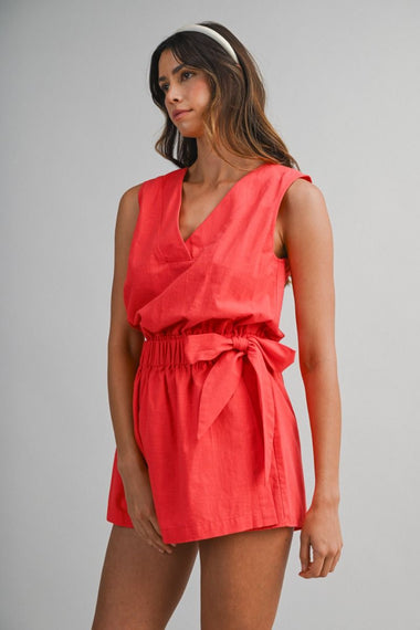 Elastic Waist Wrap Romper Tomato Red