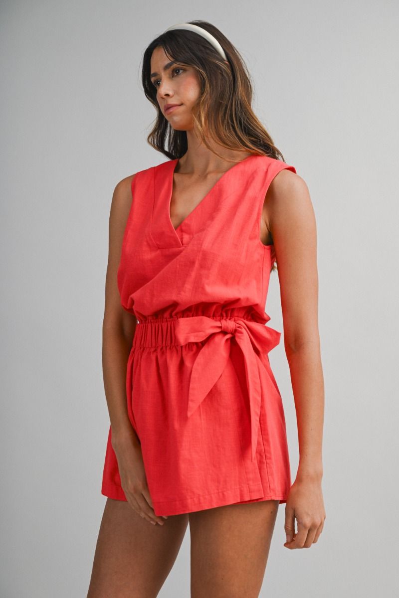 Load image into Gallery viewer, Elastic Waist Wrap Romper Tomato Red
