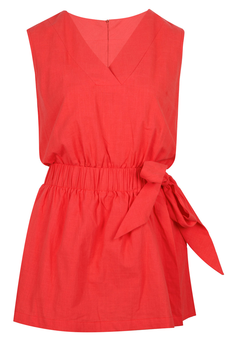 Elastic Waist Wrap Romper Tomato Red