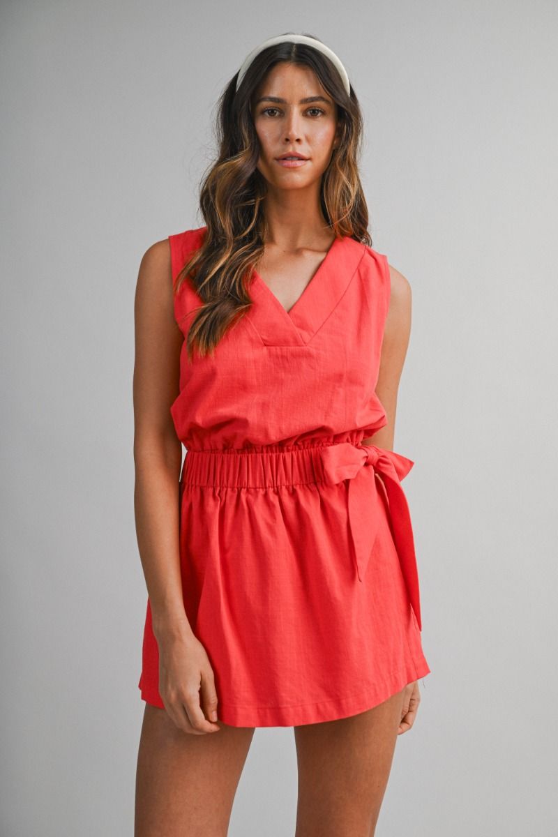 Load image into Gallery viewer, Elastic Waist Wrap Romper Tomato Red

