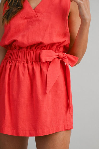 Elastic Waist Wrap Romper Tomato Red