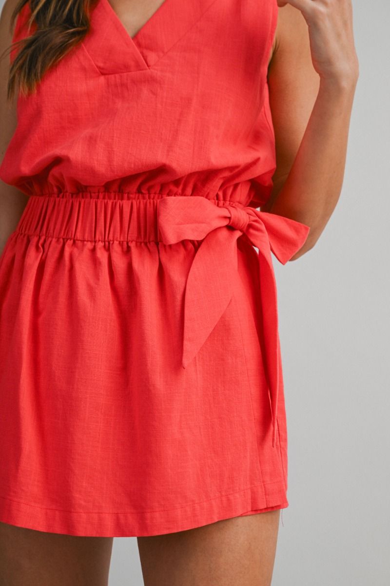Load image into Gallery viewer, Elastic Waist Wrap Romper Tomato Red
