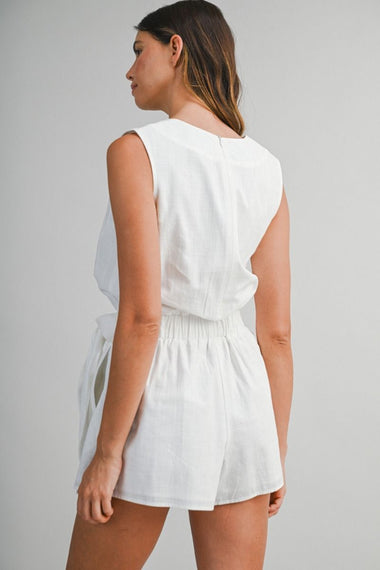 Elastic Waist Wrap Romper Off White